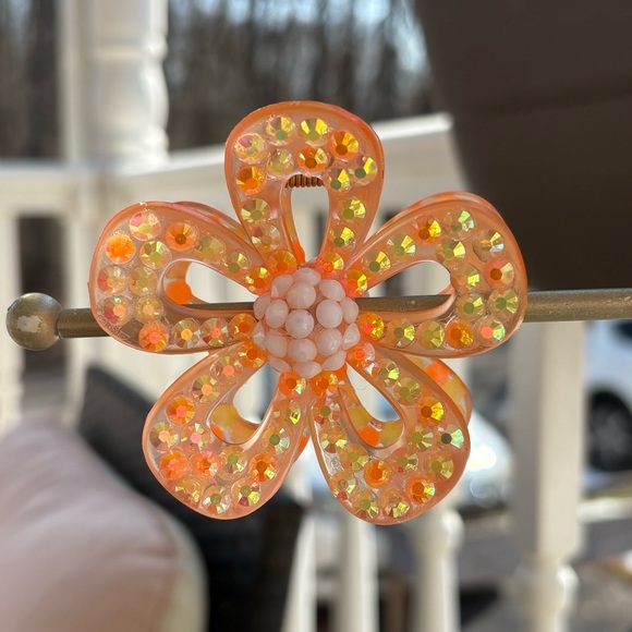Handmade Orange Flower, Rhinestone Hair Clip - Picture 3 of 5